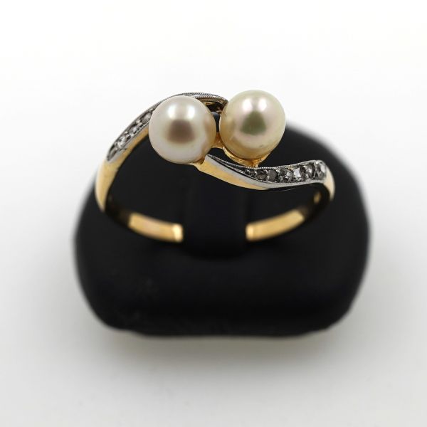 Art Deco Perlen Ring 585 Gold 14 Kt Gelb- Weißgold Diamantrosen