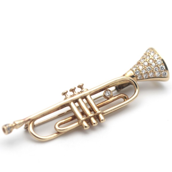 Trompete Brosche 585 Gold 14 Karat Gelbgold Diamanten 0,50 Ct Sammlerstück Wert 1990,-