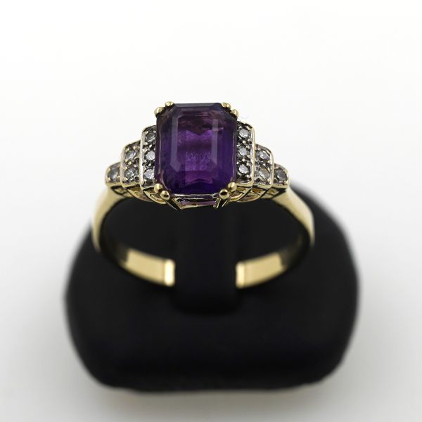 Gold Ring Diamant 0,10 Ct 585 14 Kt Gelbgold Amethyst Art Deco Wert 590,-