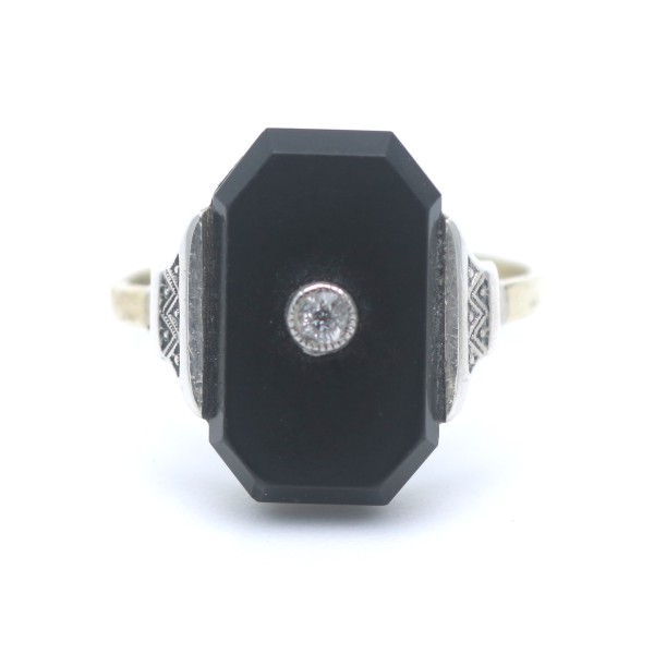 Antik Ring Diamant 333 Gold Silber 935 mit Onyx Edelstein 8 Kt Gelbgold