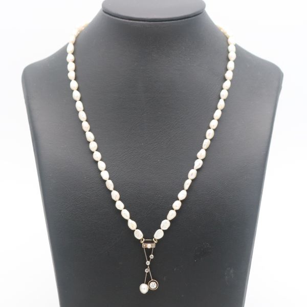 Antik Art Deco Gold Kette 585 14 Kt Zucht Perlen Diamant 0,14 Ct Wert 1400,-