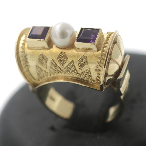 Antik Vintage Perle Amethyst Ring 585 Gold 14 Ct Gelbgold Granuliert Wert 1600,-