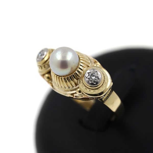 Brillant Perlen Ring 585 Gold 14 Kt Gelbgold 0,15 CT Diamant Wert 1090,-