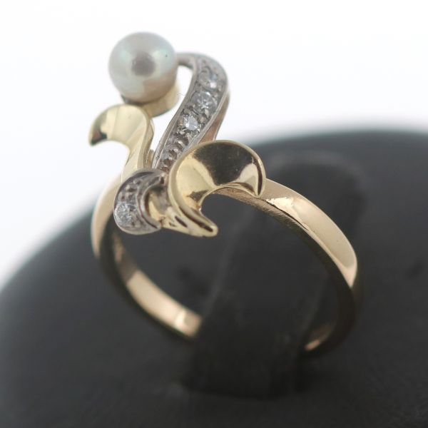 Art Deco Diamant Akoya Zucht Perlen Ring 585 Gold 14 Kt Bicolor Wert 760,-