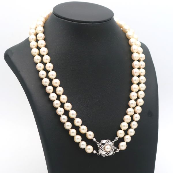 Zweireihige Perlen Weiß Gold Kette 585 14 Kt Weißgold 63,5 cm Wert 1200,-
